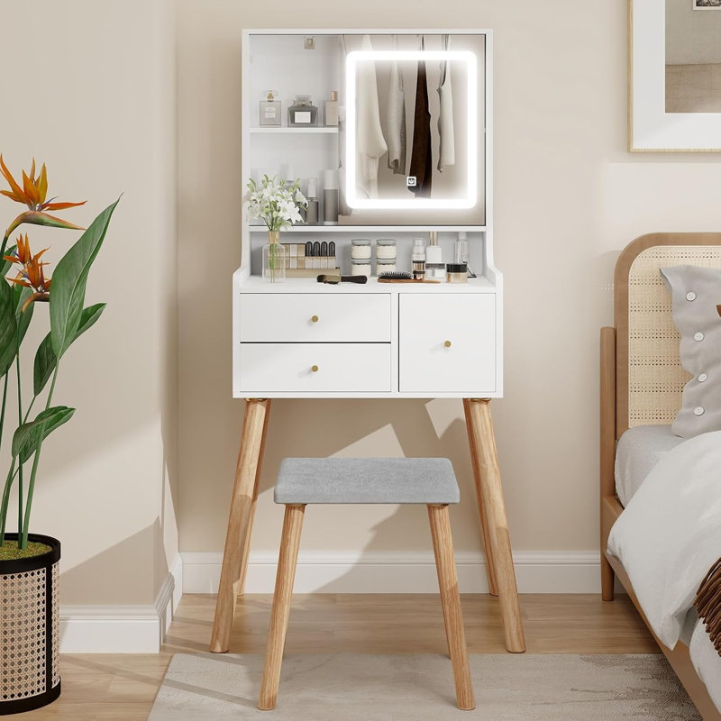 Wrought Studio Small Vanity Desk With Mirror And Lights Makeup Vanity Table With Chair And Drawers For Small Space Compact Vanity Desk With Sliding Door And Storange Shelf For Bedroom Wayfair